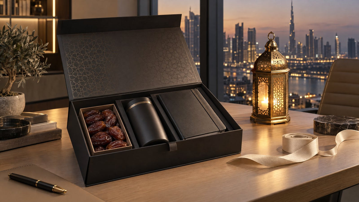 An open black corporate gift box holding dates, a matte black tumbler and a leather notebook on a desk in a Dubai office at dusk, with a brass lantern beside it