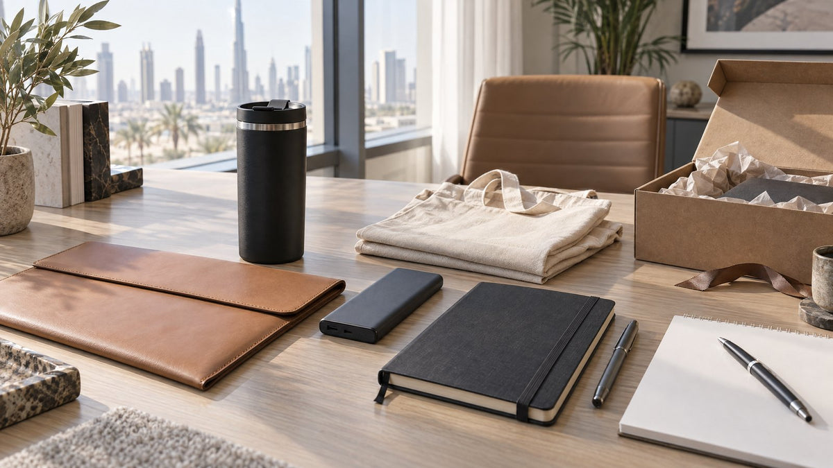 Corporate gift items arranged on a desk in a Dubai office with the city skyline behind, including an insulated tumbler, leather folder, power bank and a notebook