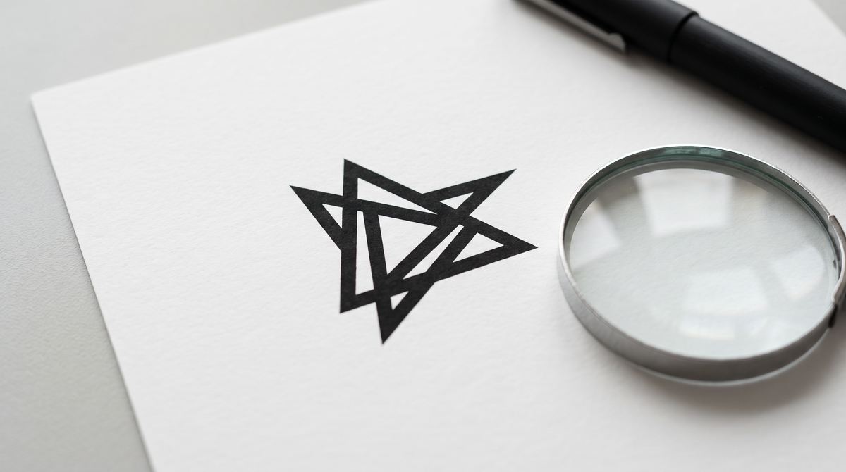 A printed mark on white paper beside a loupe magnifier