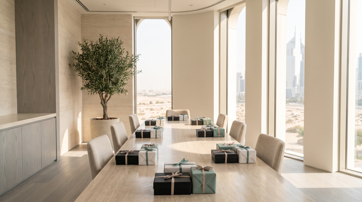 Corporate gifts set out on a meeting room table