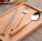 Custom Logo Wheat Wooden Handle Stainless Steel Eco-friendly Tableware 3-Piece Set | Premium Corporate Gifts and Custom Gifts