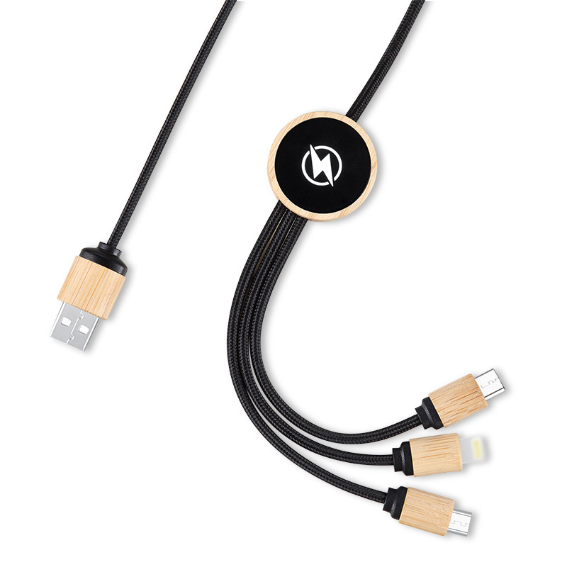 Custom Logo One drag three bamboo and wood data cable charging cable | Premium Corporate Gifts and Custom Gifts