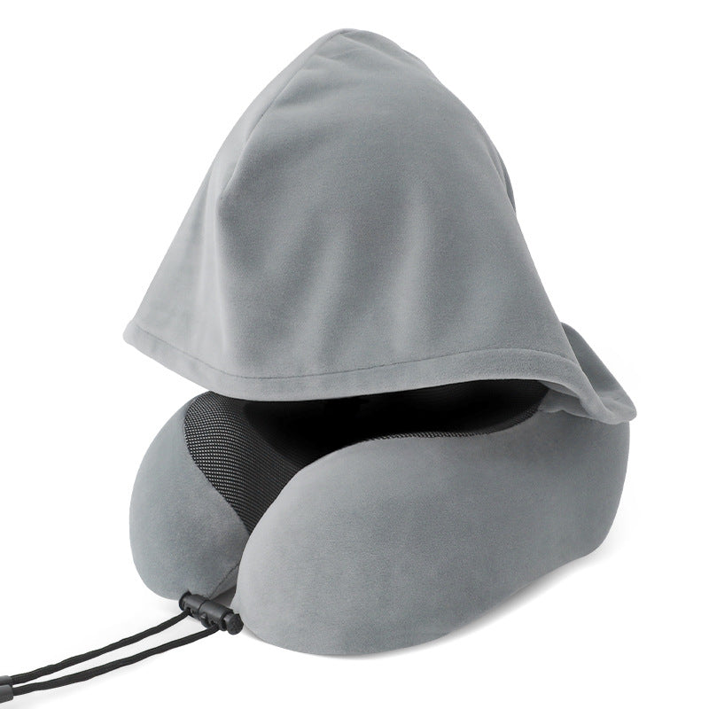 Custom Logo U-shaped memory foam hooded neck pillow | Premium Corporate Gifts and Custom Gifts