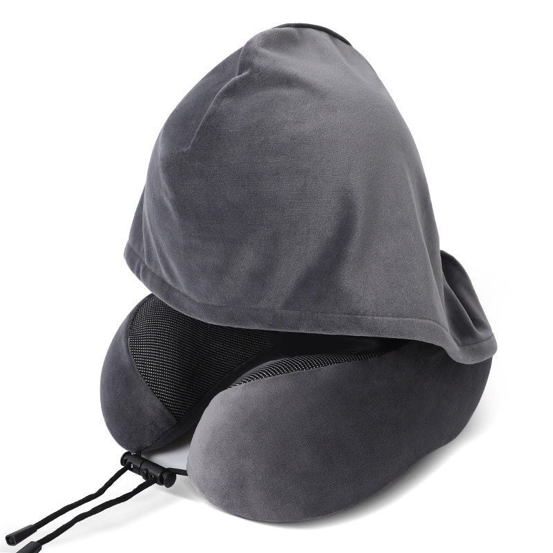 Custom Logo U-shaped memory foam hooded neck pillow | Premium Corporate Gifts and Custom Gifts