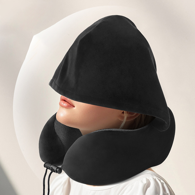 Custom Logo U-shaped memory foam hooded neck pillow | Premium Corporate Gifts and Custom Gifts