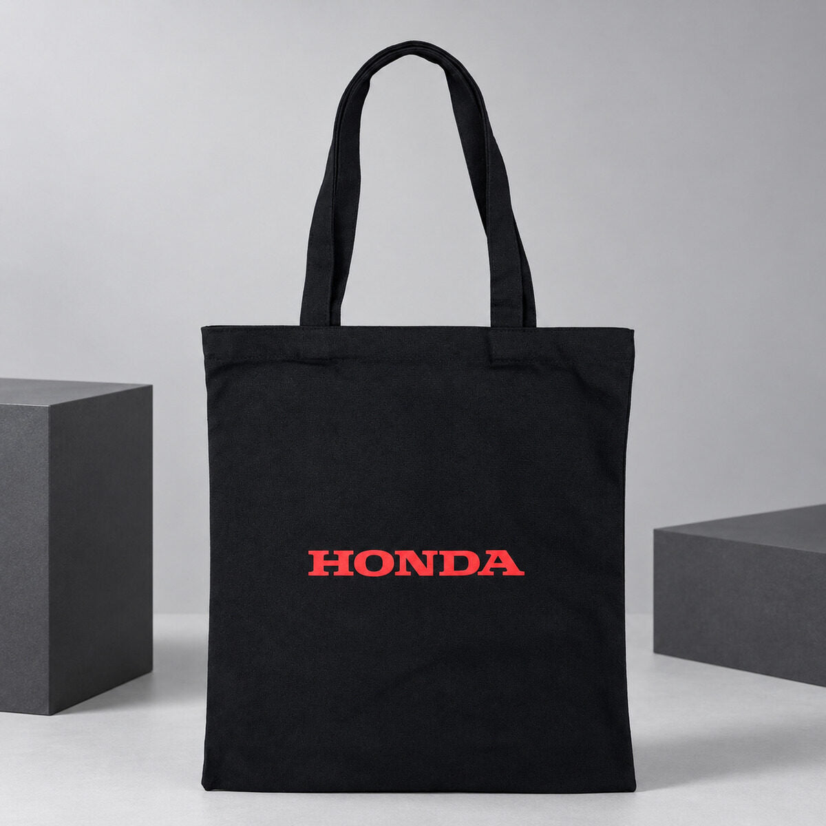 Red screen print on a canvas shopping bag
