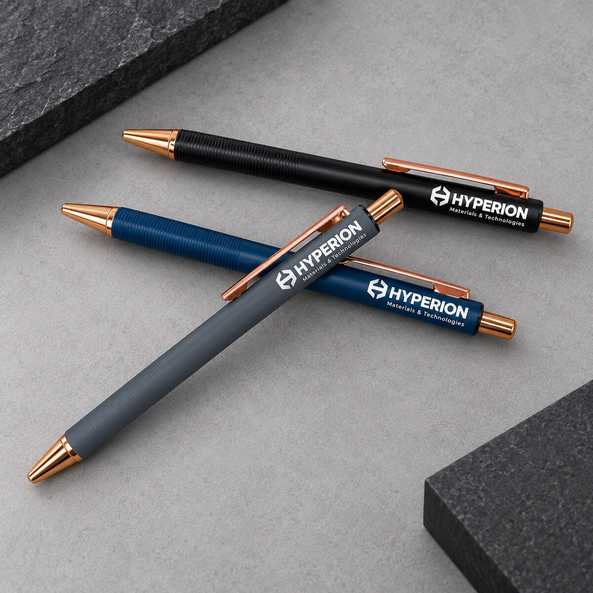 One logo printed on three pen colourways