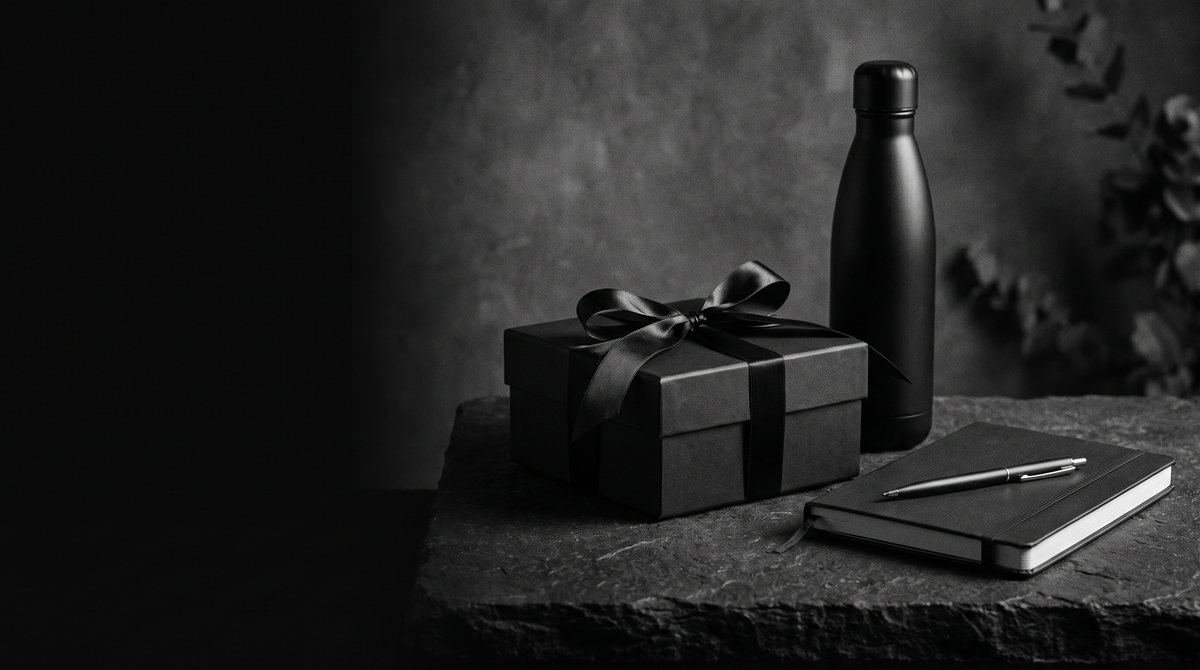 Black gift box, notebook and bottle in low key light