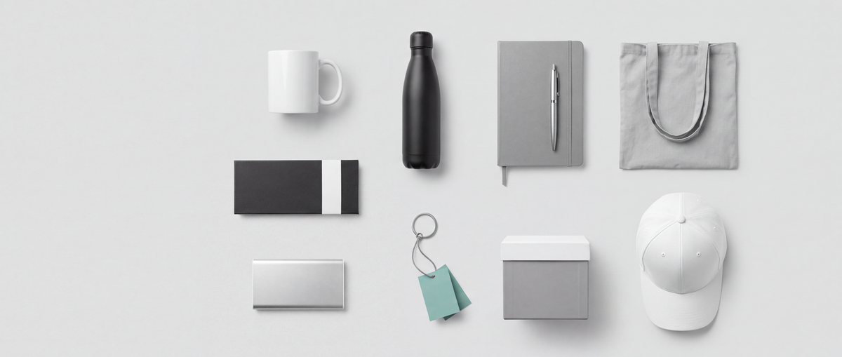 Corporate gift items laid out in a grid on a light grey surface