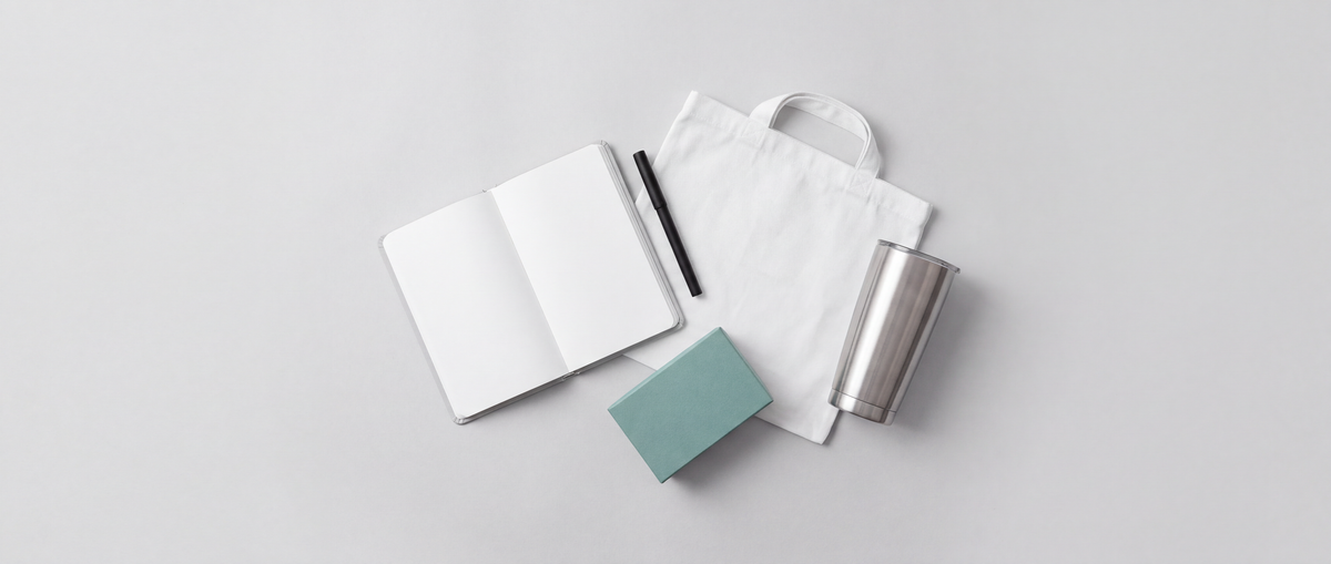 Planning a corporate gift order, flat lay on a light grey surface