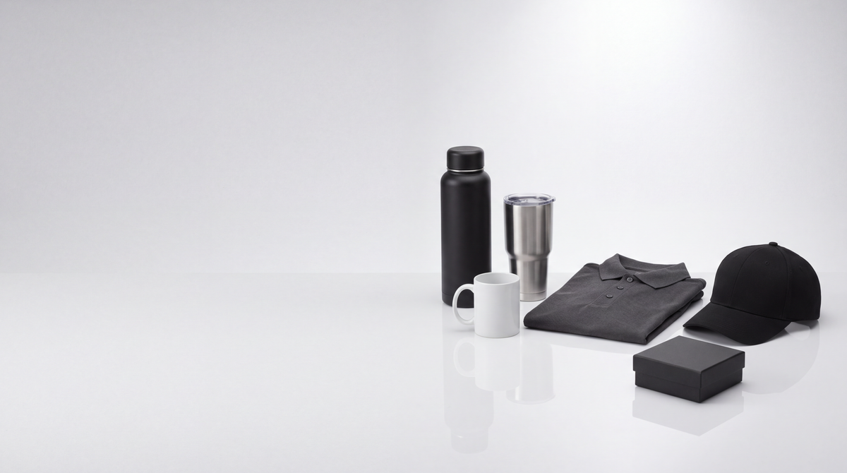 Branded drinkware and apparel gifts in a studio setting