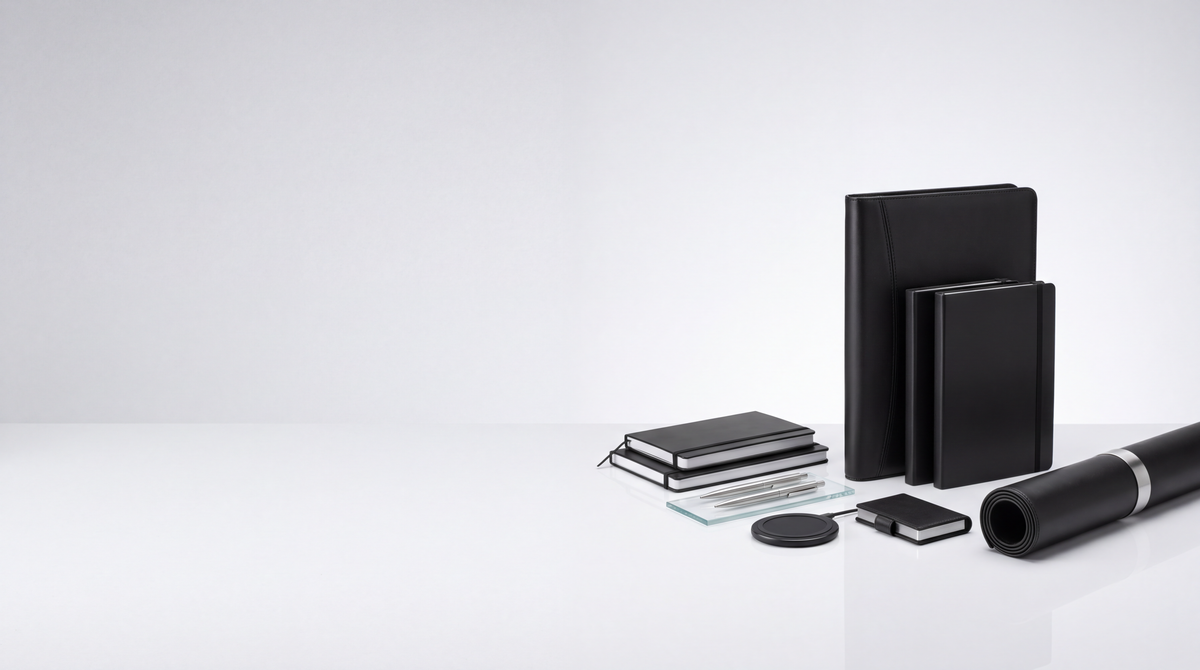 Branded desk and tech gifts in a studio setting