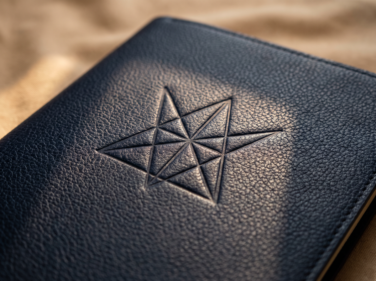 Debossed mark on a navy leather notebook cover