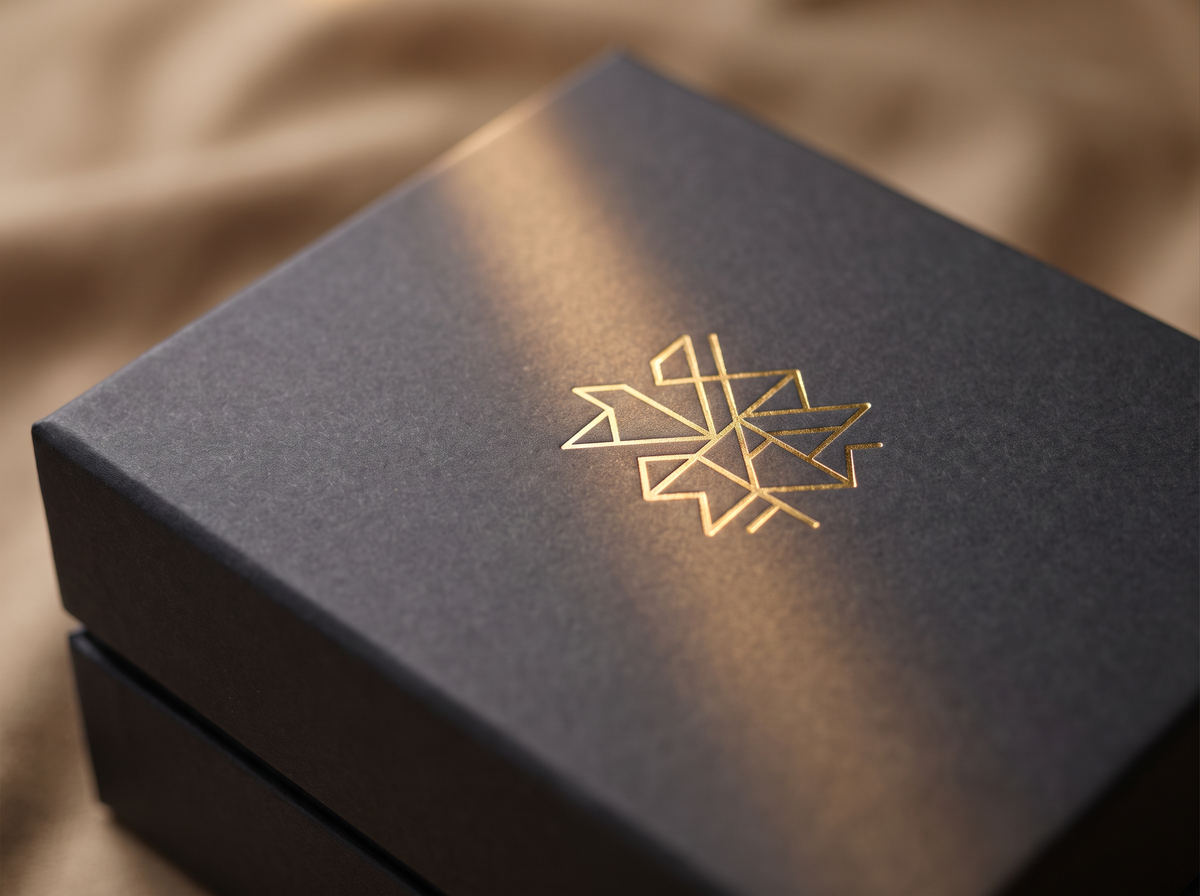 Gold foil stamped mark on a charcoal gift box