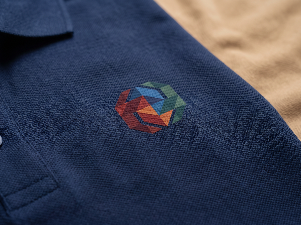 Heat transfer print on a navy polo shirt